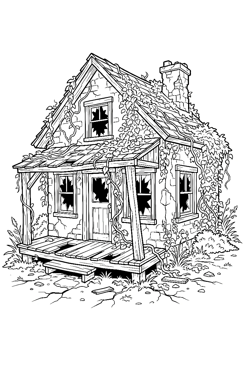 abandoned cottage overgrown vines printable sheet