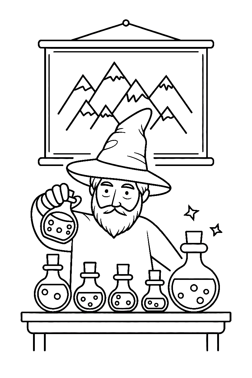 arranging potions wizard map coloring pages Wizard Coloring Pages