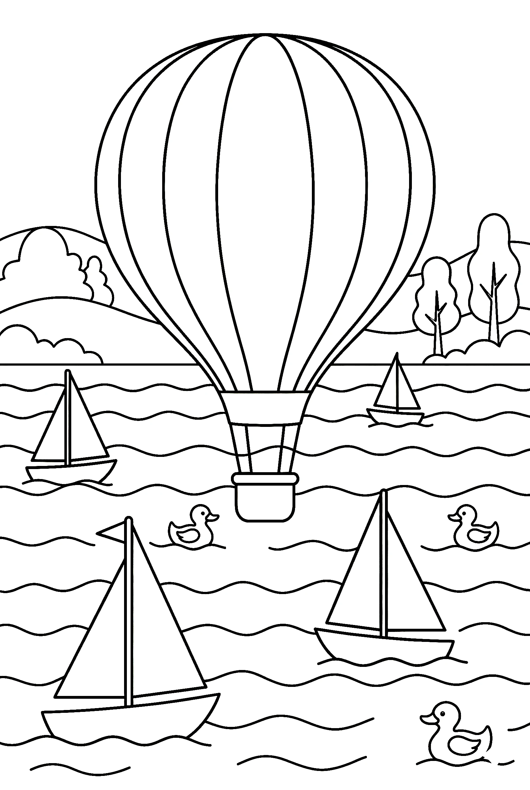 balloon over lake sailboats coloring pages