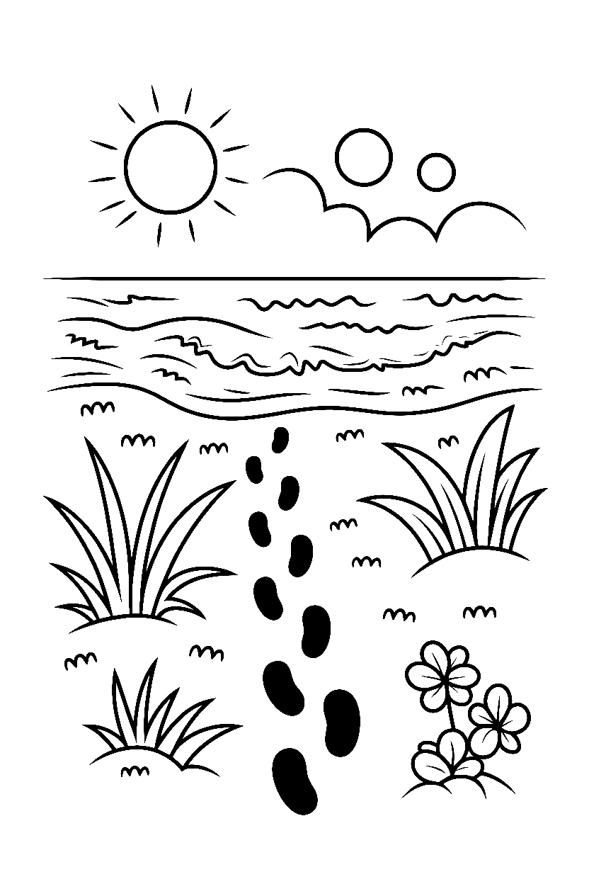 beach waves footprints coloring pages