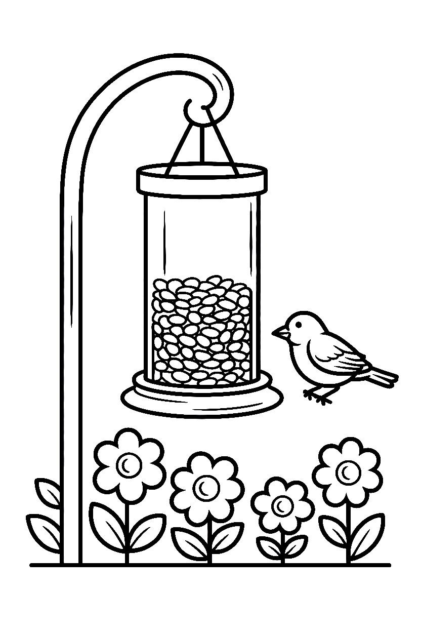 bird feeder pole flowering bushes printable sheet Garden Coloring Pages
