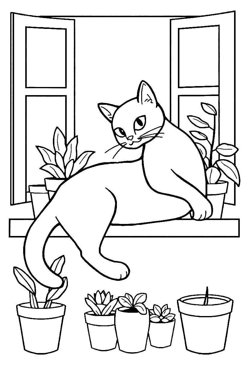 black cat windowsill coloring pages Cat Coloring Pages
