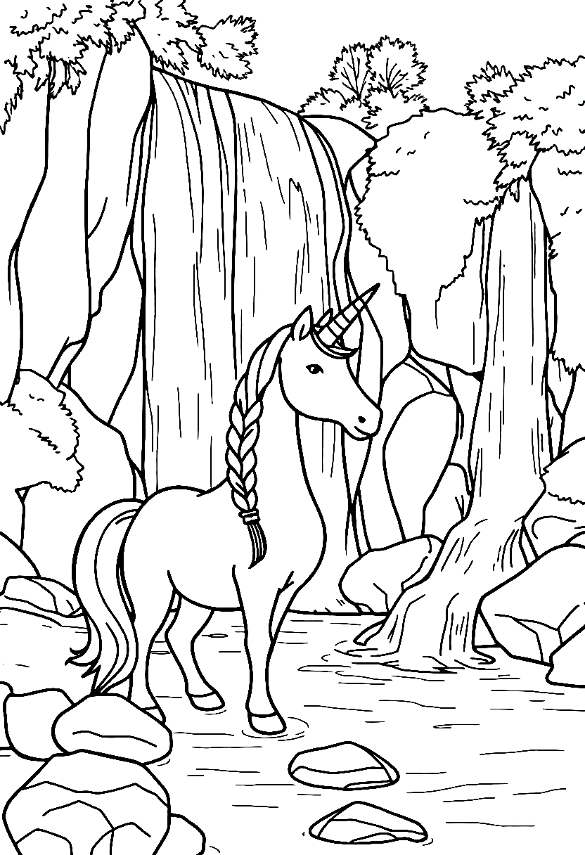 braided mane unicorn waterfall coloring pages