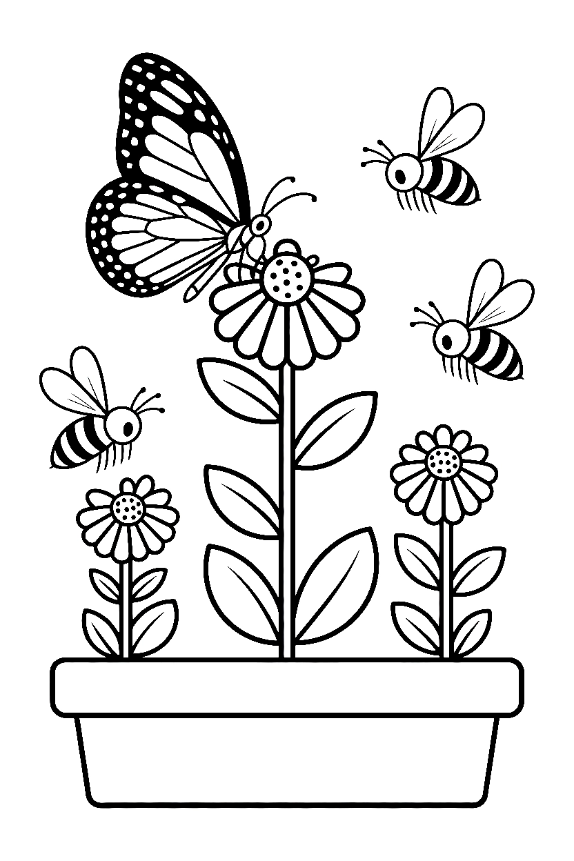 butterfly bees flower garden drawing butterfly bees flower garden drawing