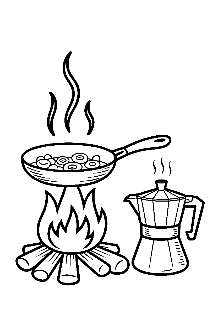campfire breakfast pan coffee pot steam coloring pages