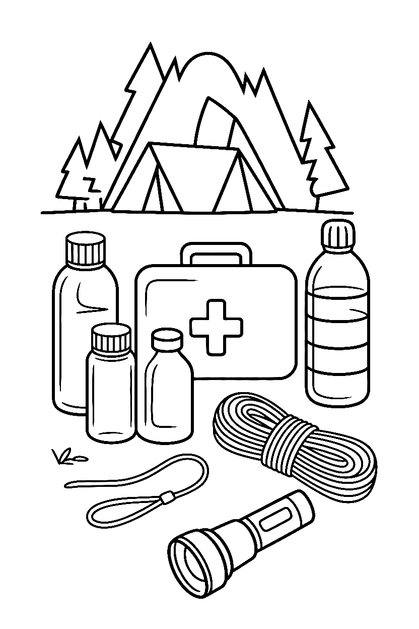 camping gear spread first aid water bottles printable sheet