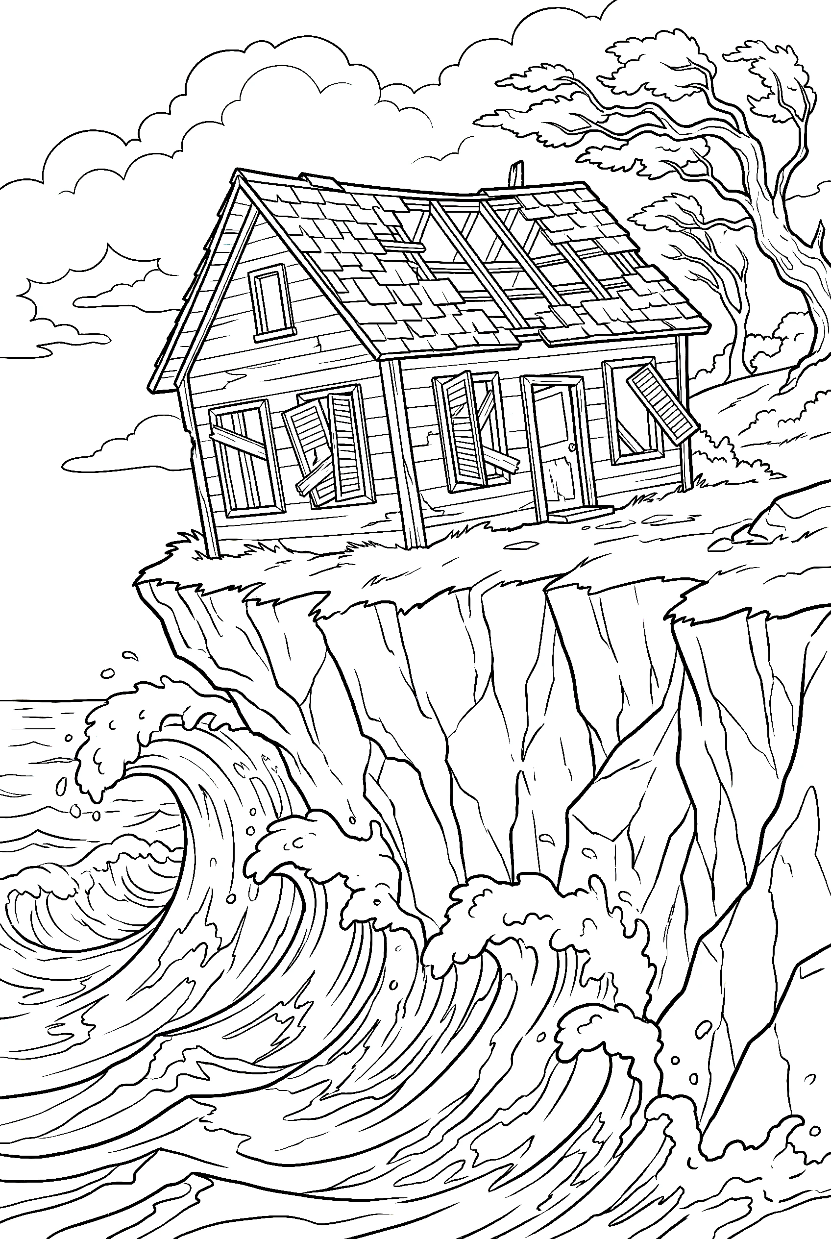 cliff edge house ocean waves coloring pages
