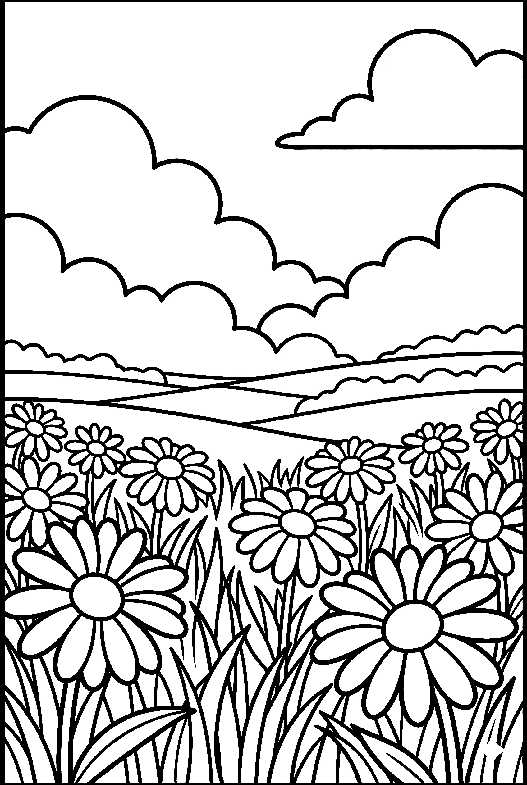 daisy field horizon landscape drawing for kids