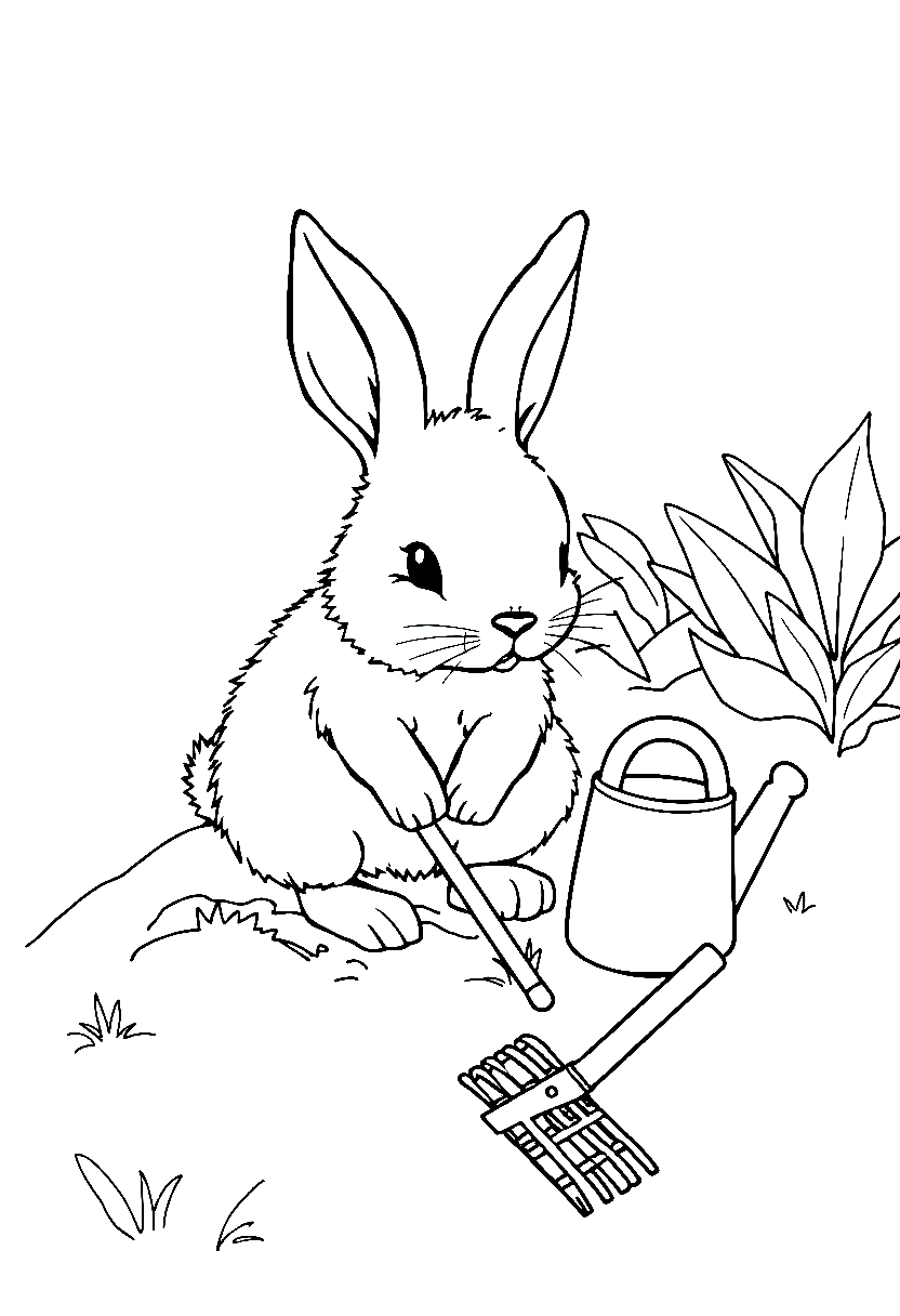 digging bunny garden tools drawing