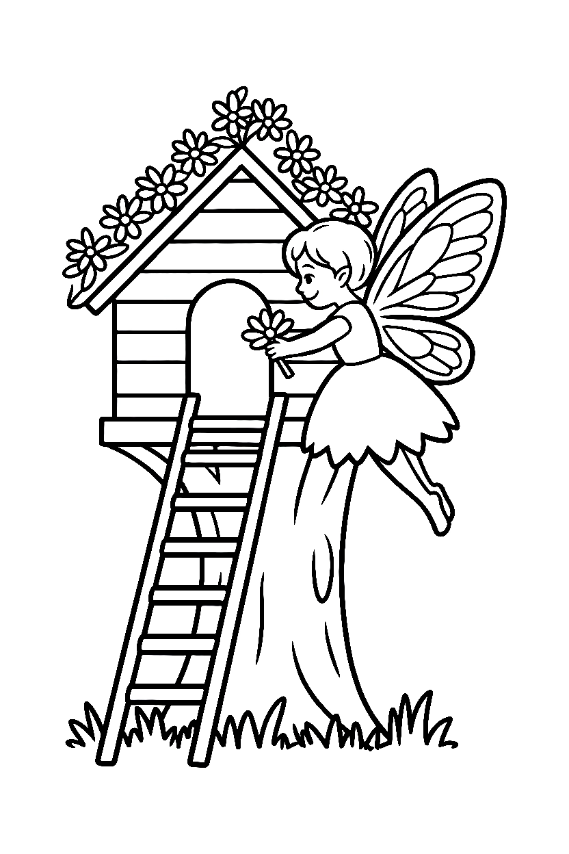 fairy decorating tree house garlands drawing
