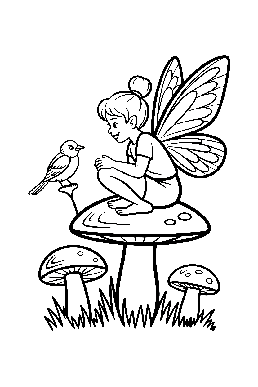 fairy sitting mushroom bird coloring pages