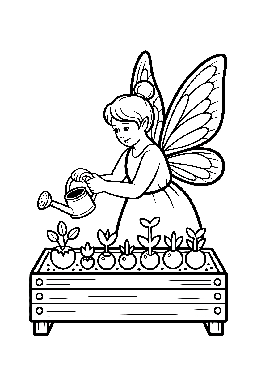 fairy tending miniature garden coloring pages