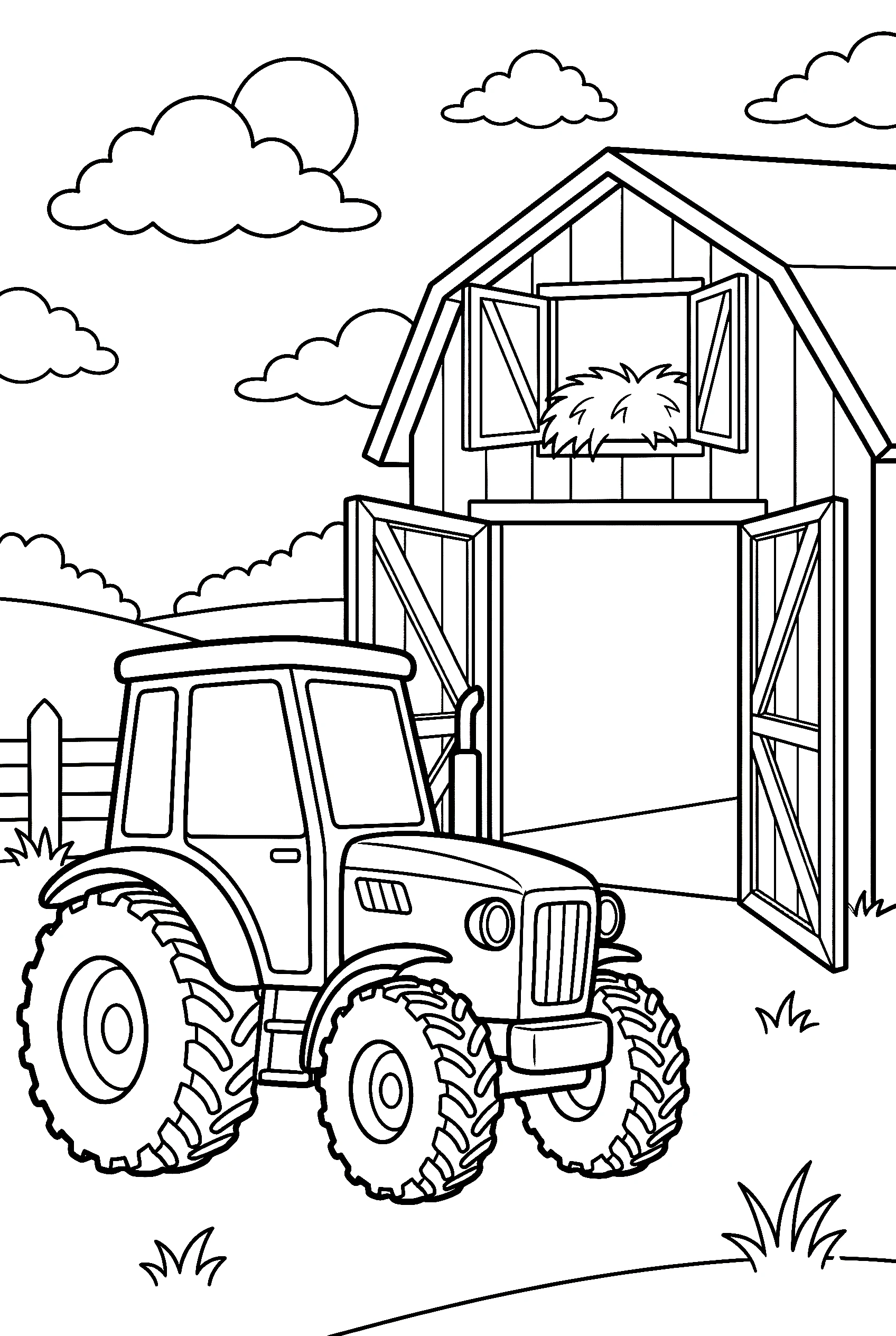 farm tractor beside barn printable sheet