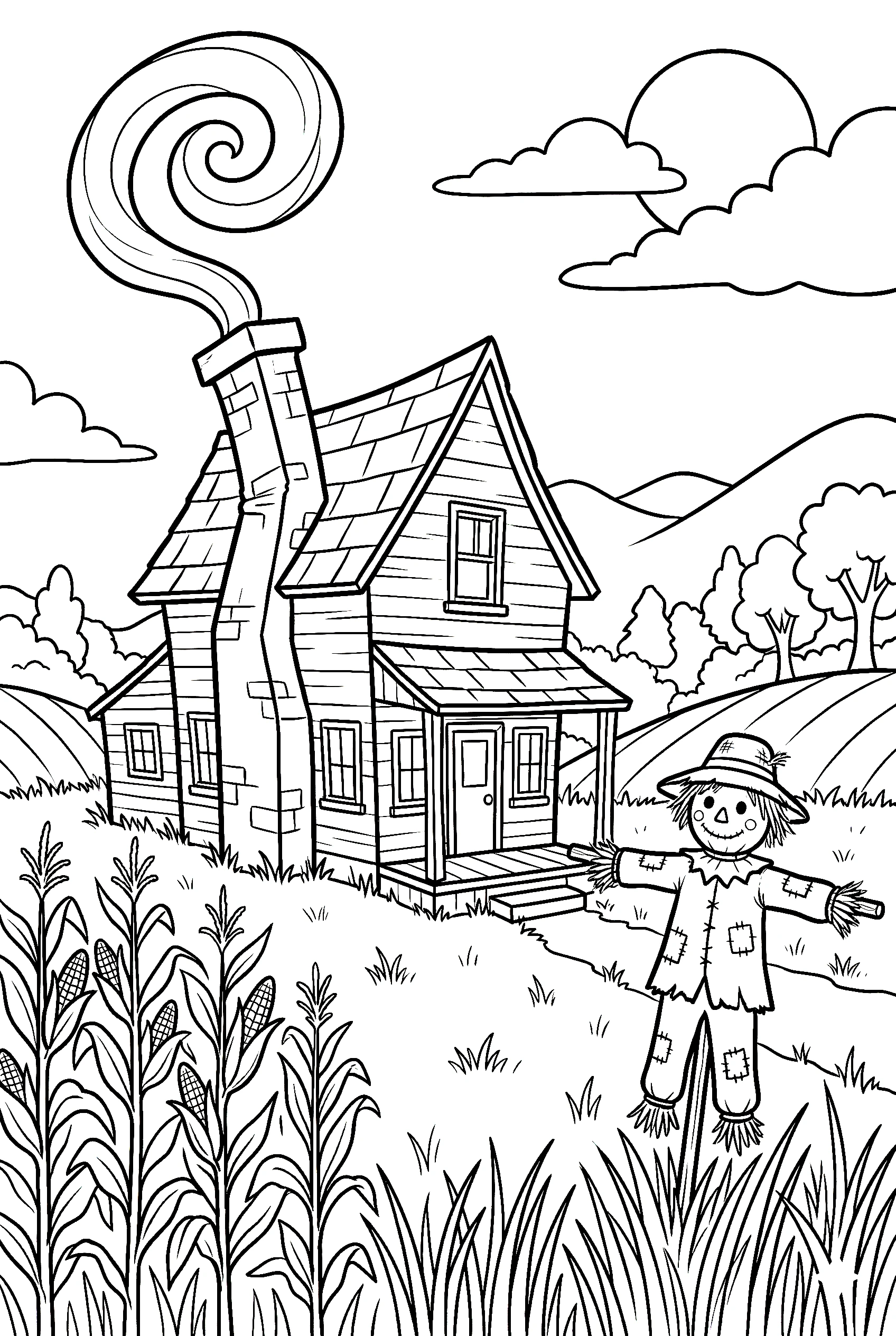 farmhouse crooked chimney scarecrow coloring pages