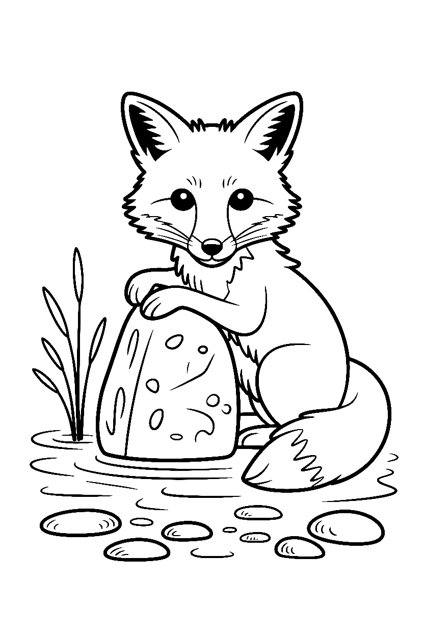 fox leaning boulder stream printable sheet fox leaning boulder stream printable sheet