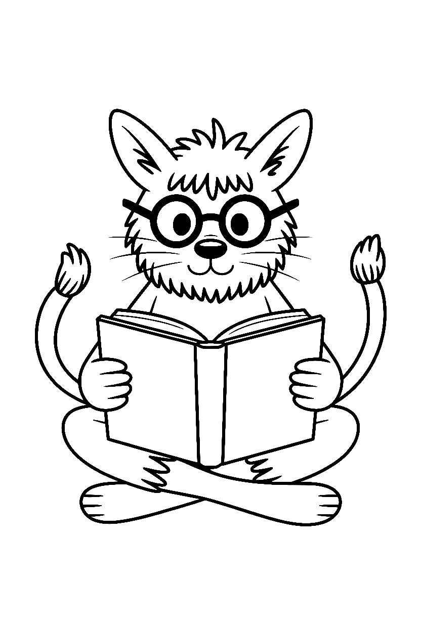furry monster reading book glasses tails coloring pages