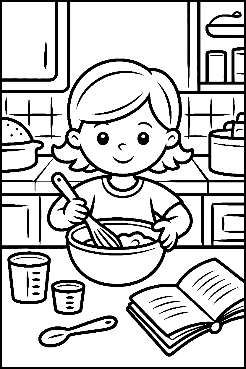 girl baking kitchen counter printable sheet