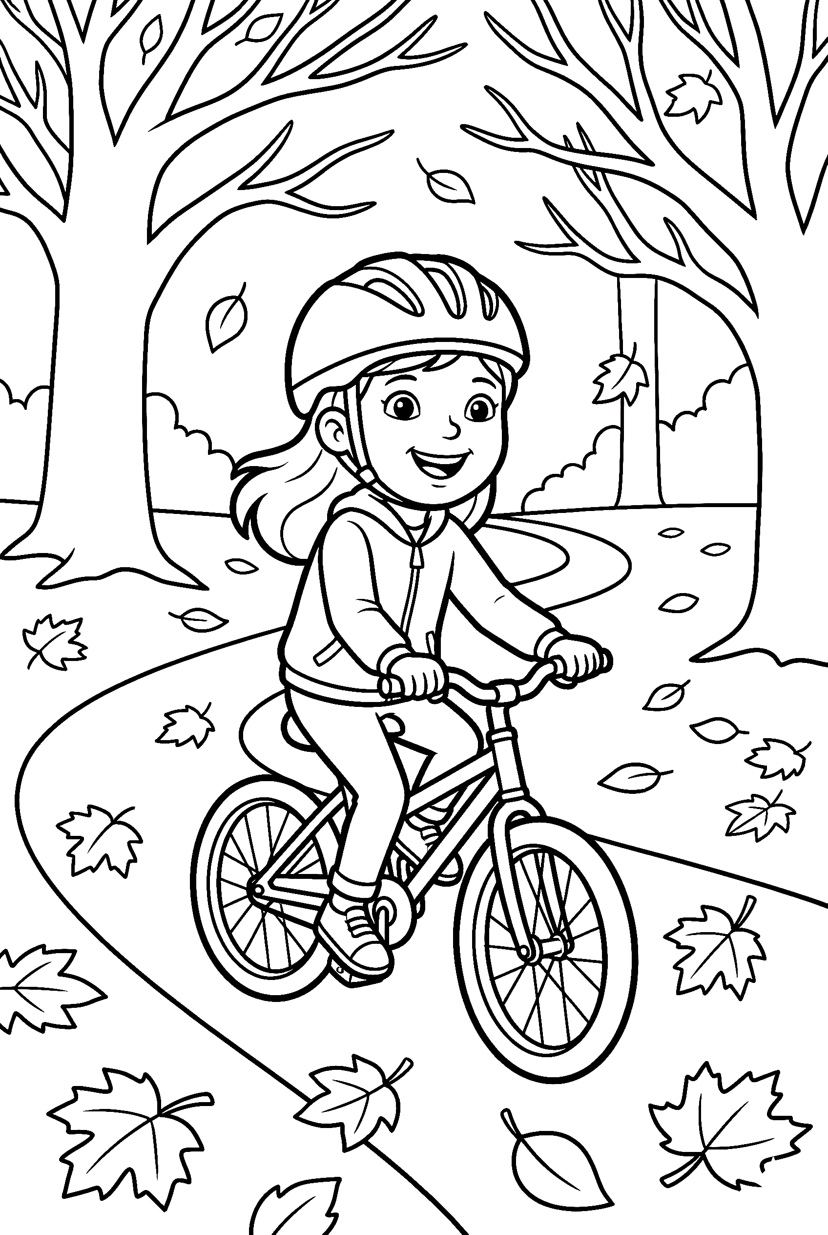 girl biking through park coloring pages