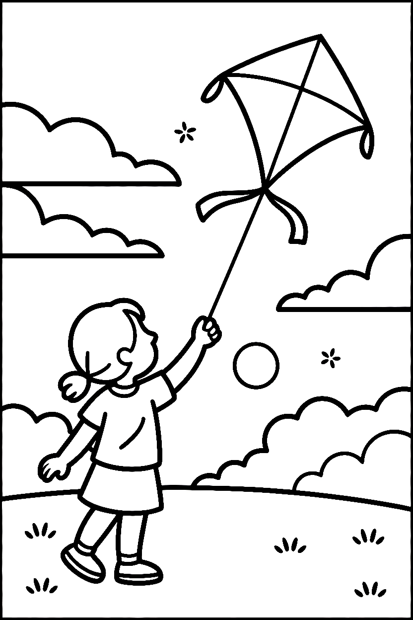 girl kite flying field coloring pages