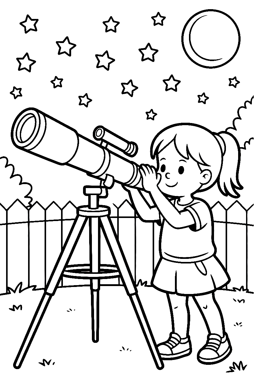 girl telescope stargazing backyard coloring pages