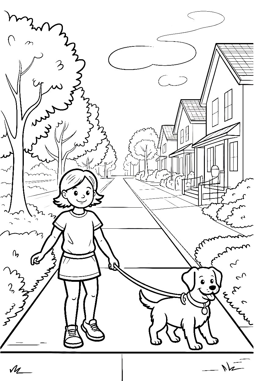 girl walking dog neighborhood drawing