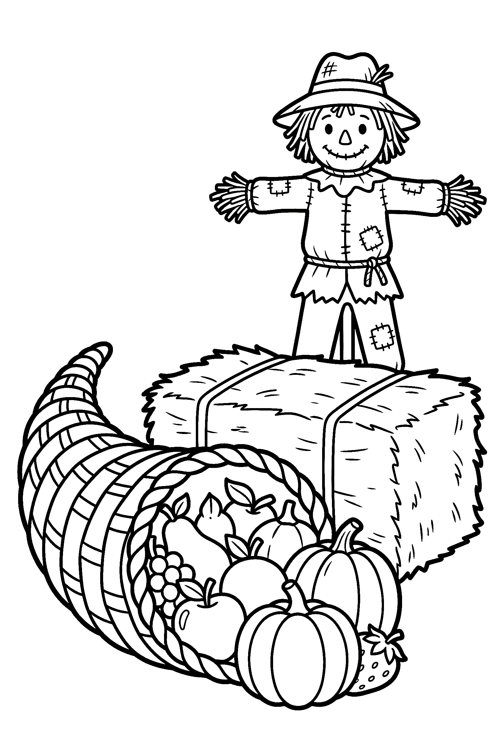 harvest cornucopia hay bale scarecrow drawing for kids