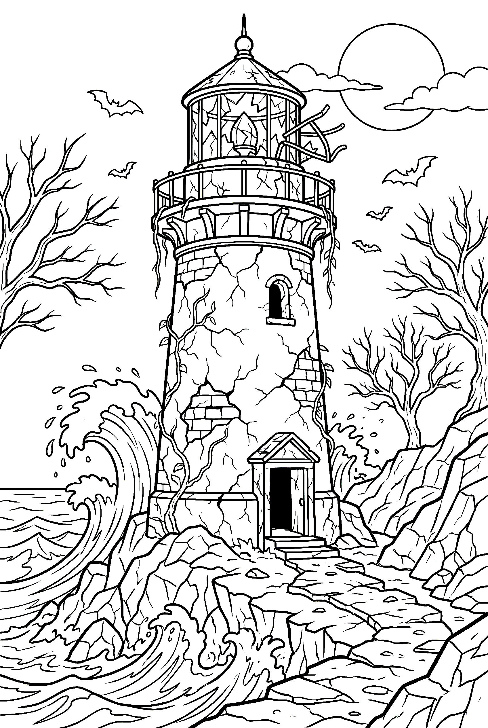 haunted lighthouse rocky shore coloring pages