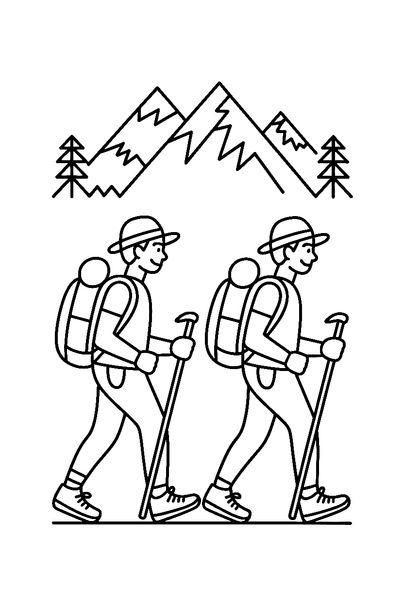 hikers mountain trail walking sticks drawing