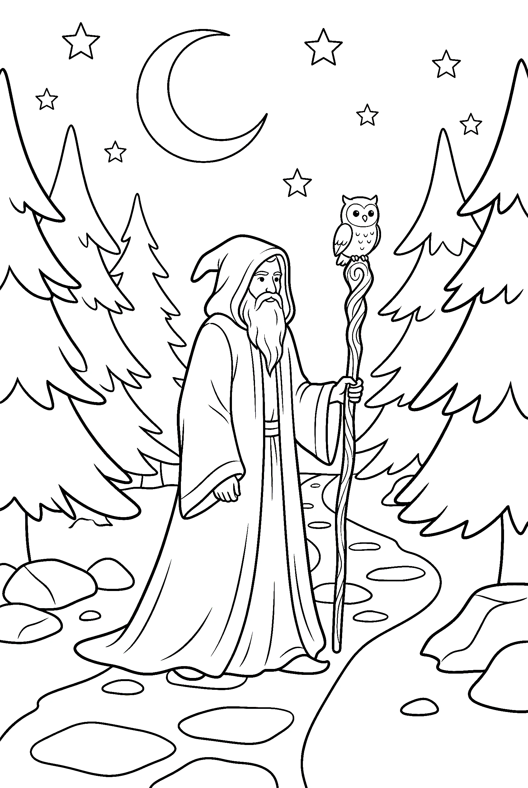 hooded wizard moonlit forest printable sheet