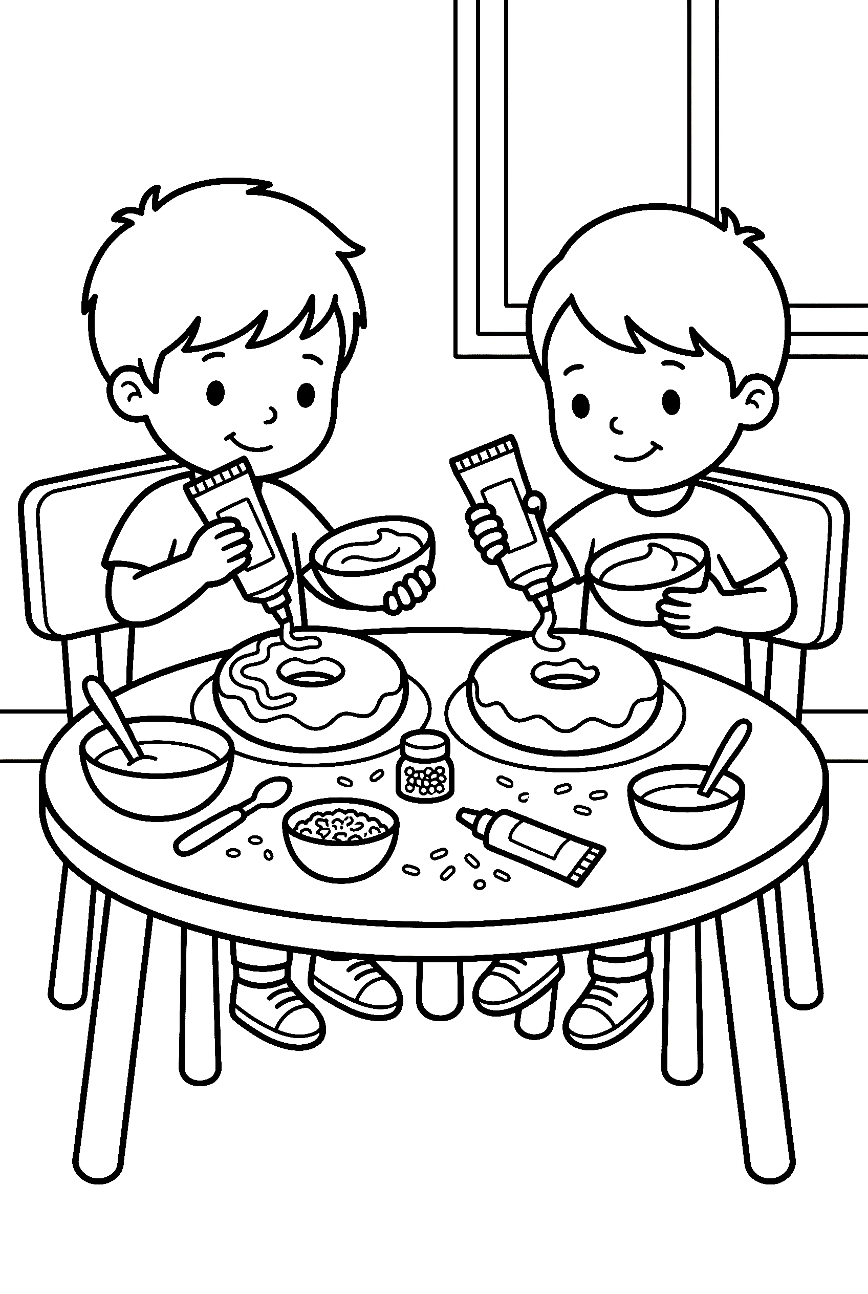 kids decorating donuts coloring pages