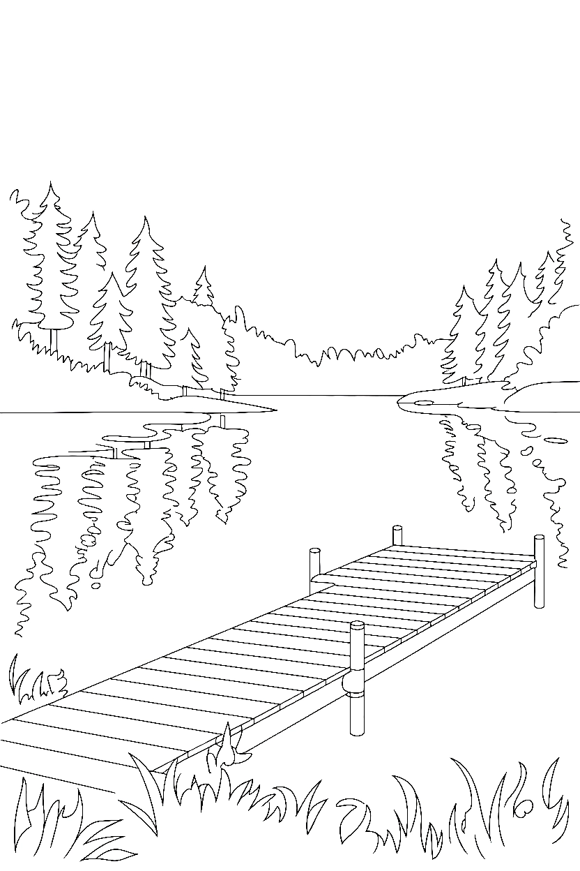 lake reflection pine trees dock coloring pages lake reflection pine trees dock coloring pages