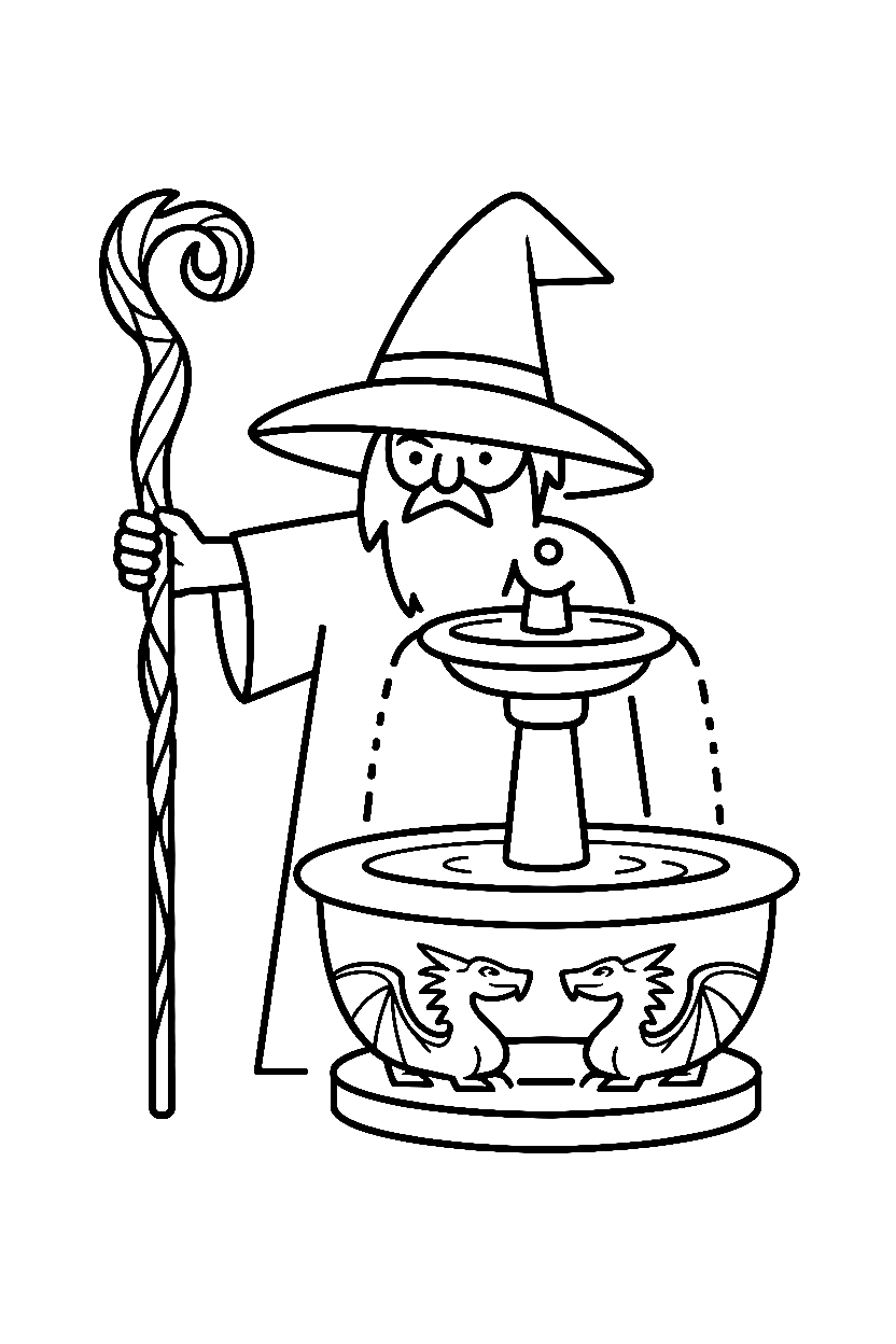 leaning on staff wizard fountain coloring pages