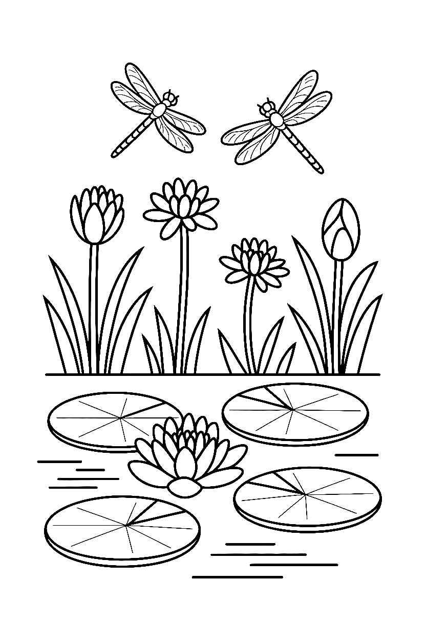 lily pads pond dragonflies drawing