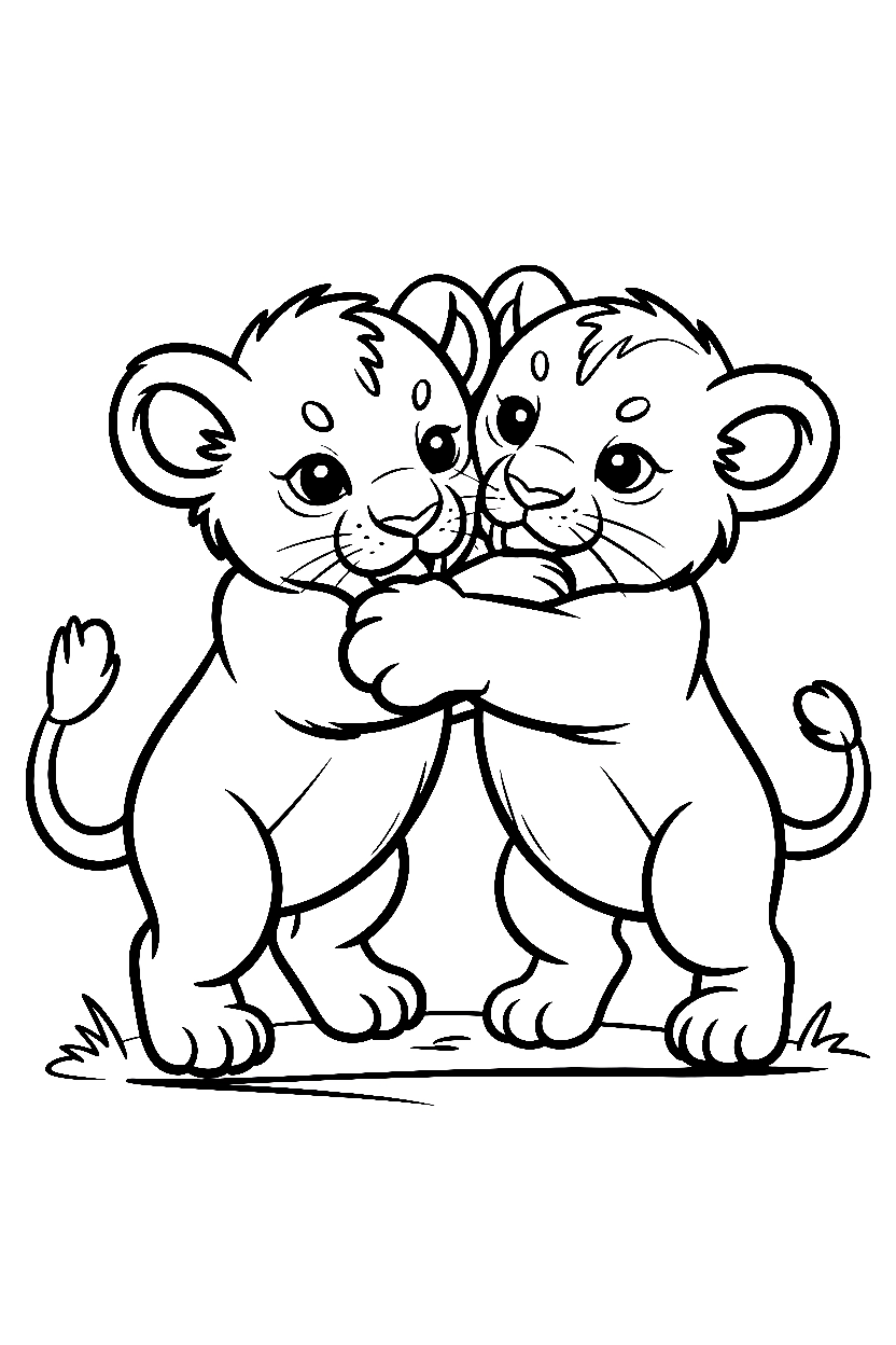 lion cubs playing wrestling drawing Lion Coloring Pages