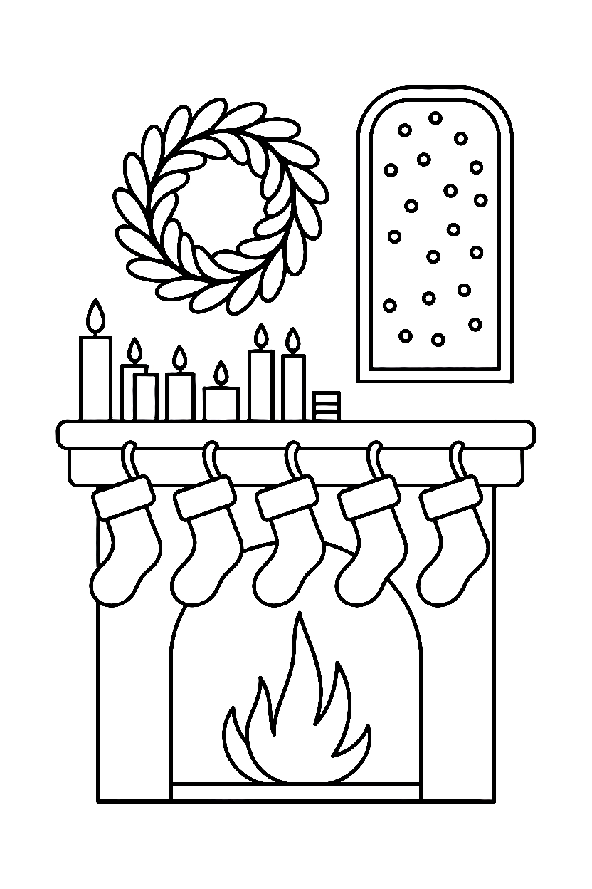 mantel stockings snowy window drawing