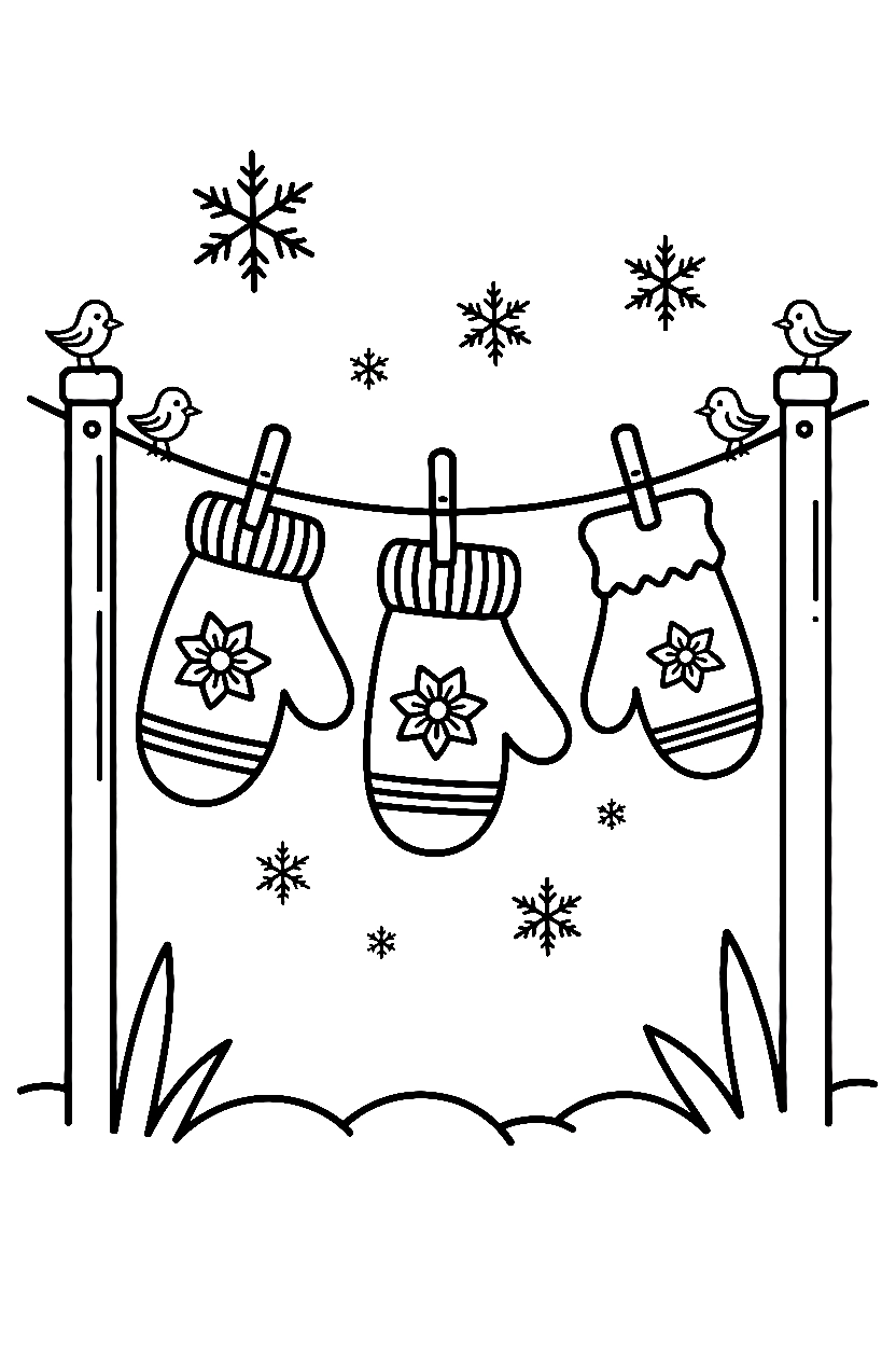 mittens clothesline snowflakes drawing