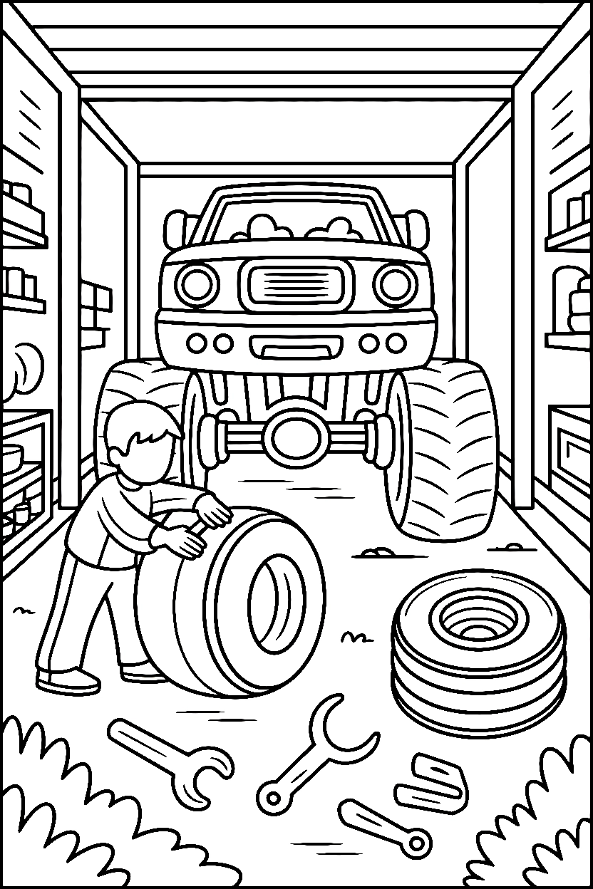 monster truck garage repair coloring pages
