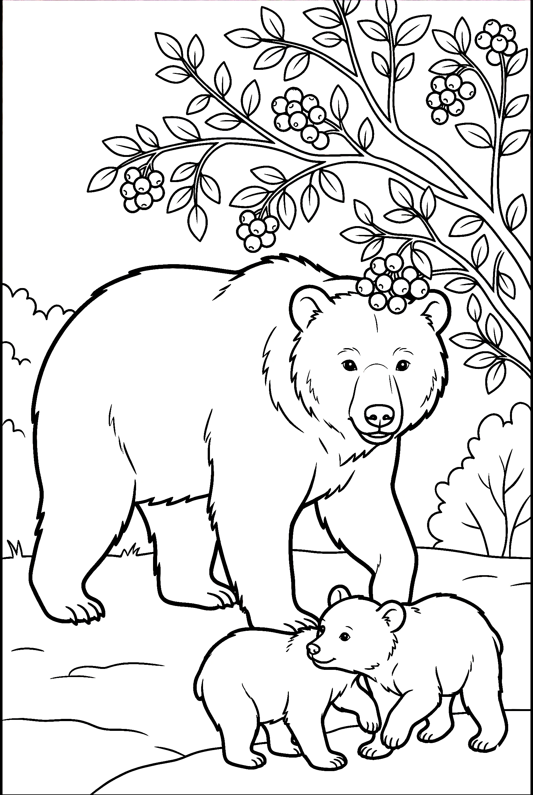 mother grizzly cubs berry bush coloring pages