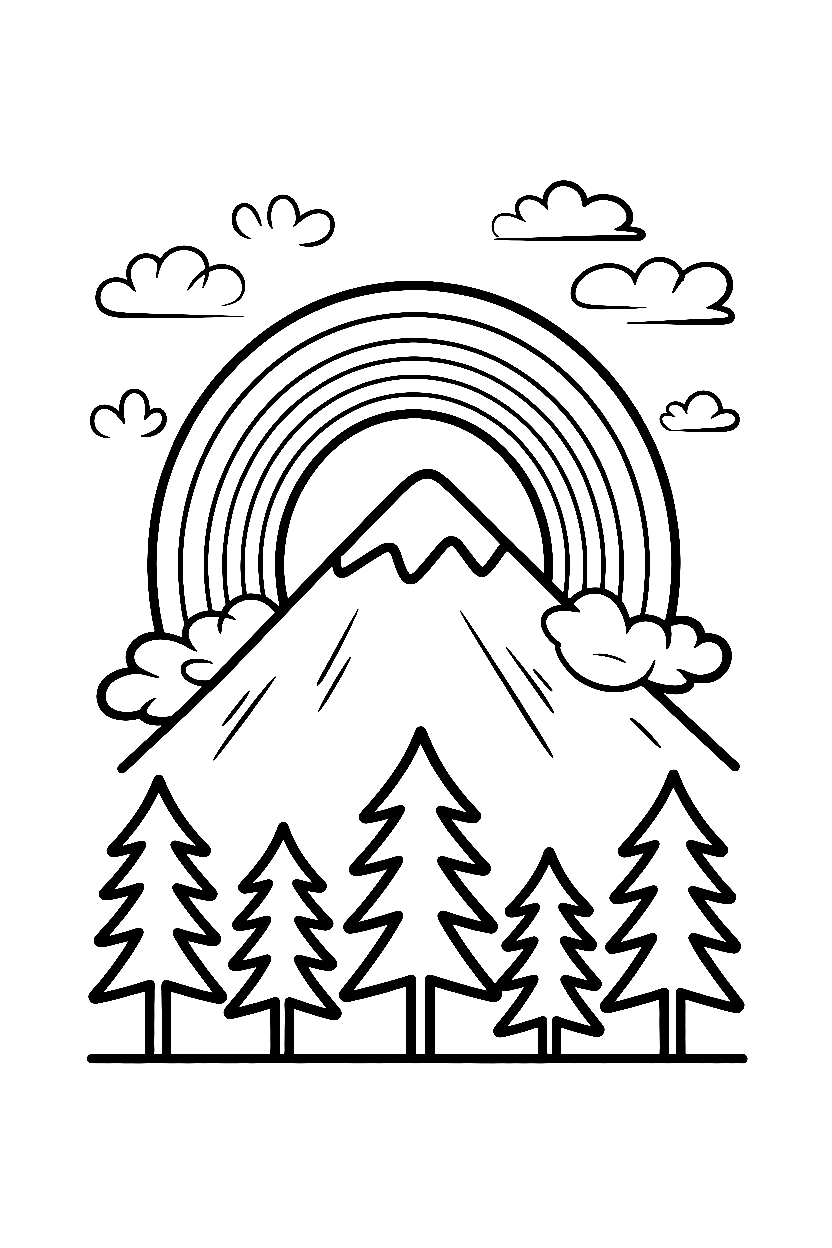 mountain slope with pines rainbow drawing