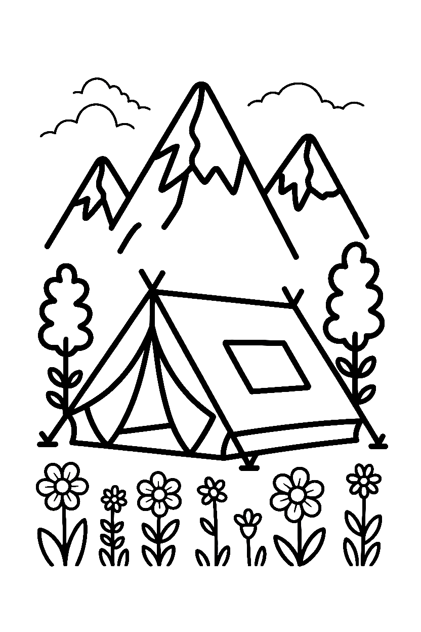 mountains tent meadow wildflowers stream drawing