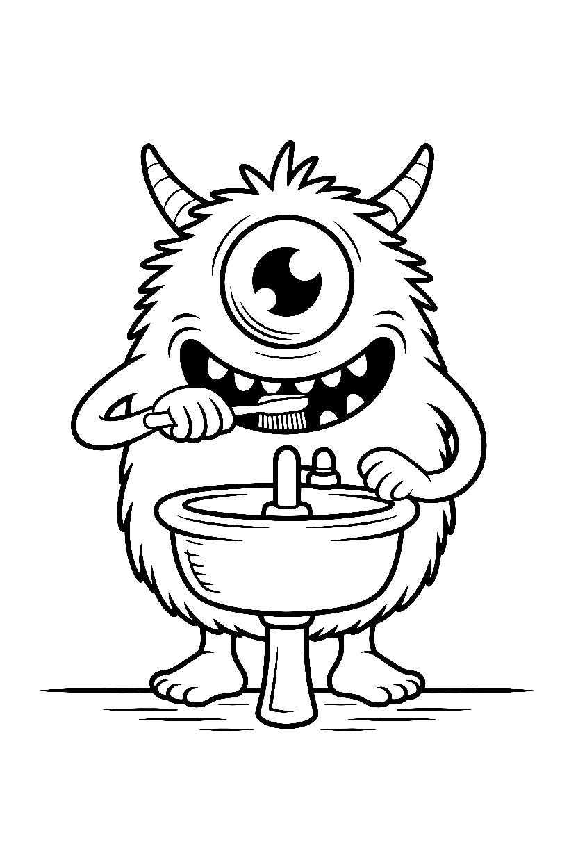 one eyed monster brushing teeth sink coloring pages