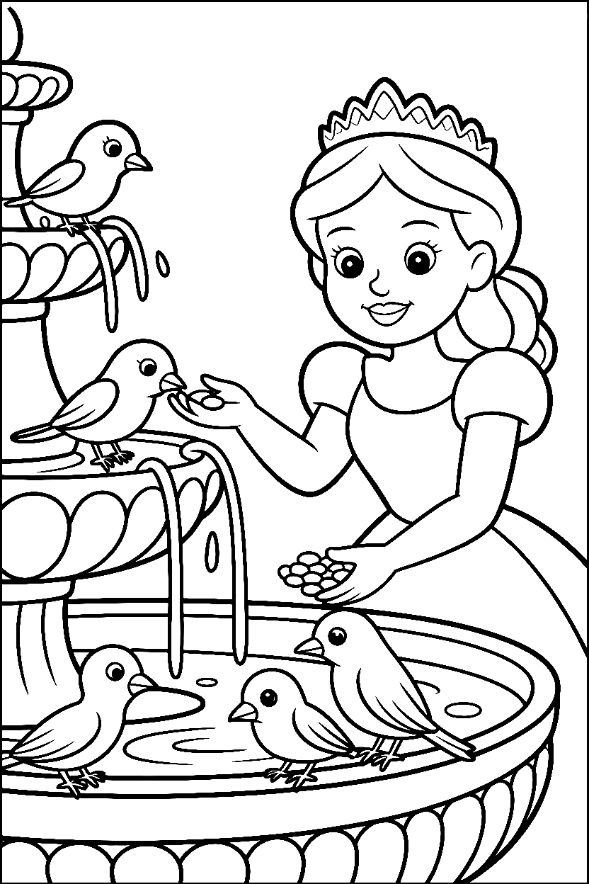 princess fountain bird feeding printable sheet