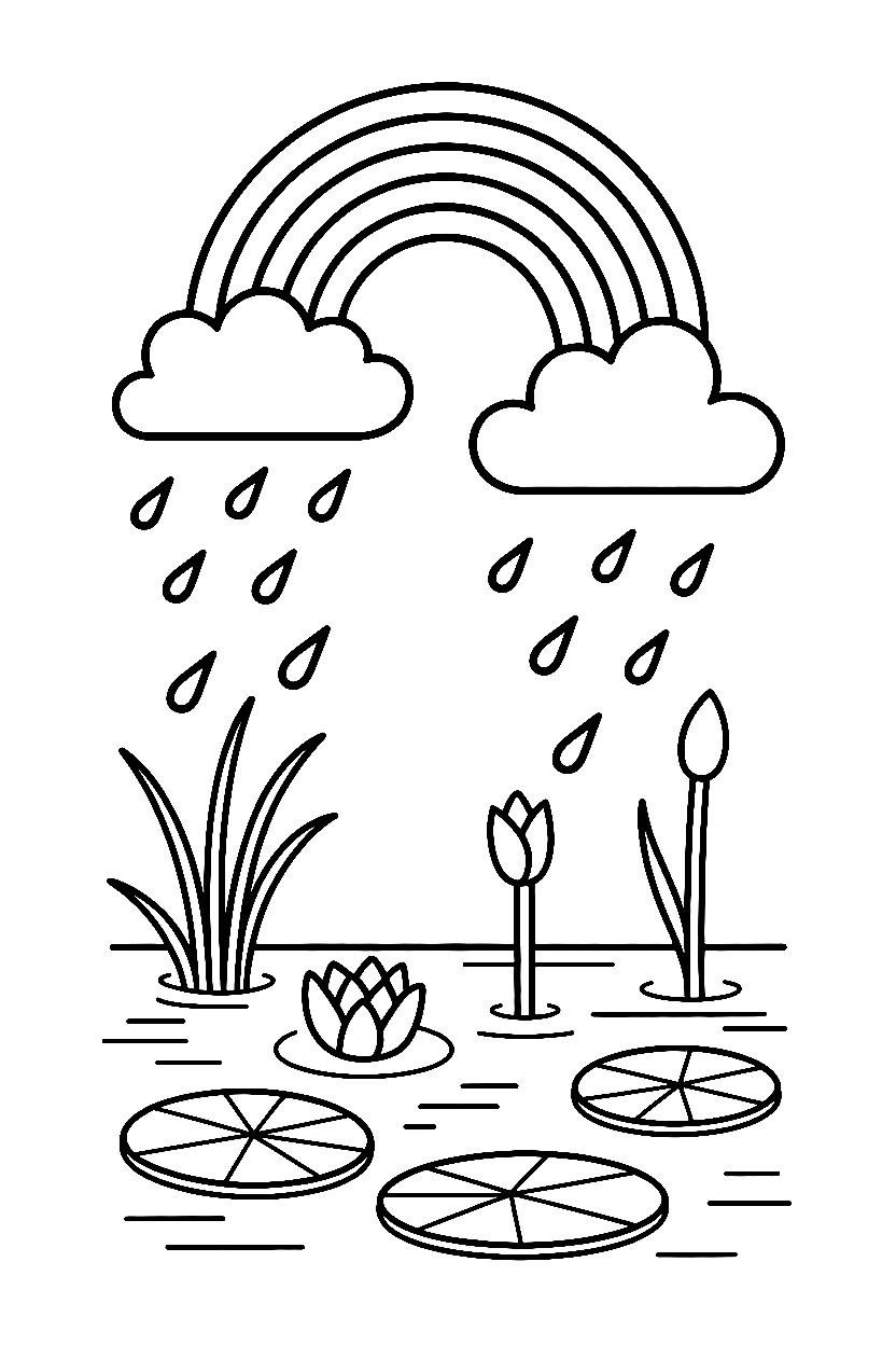 rainbow peeking pond clouds coloring pages
