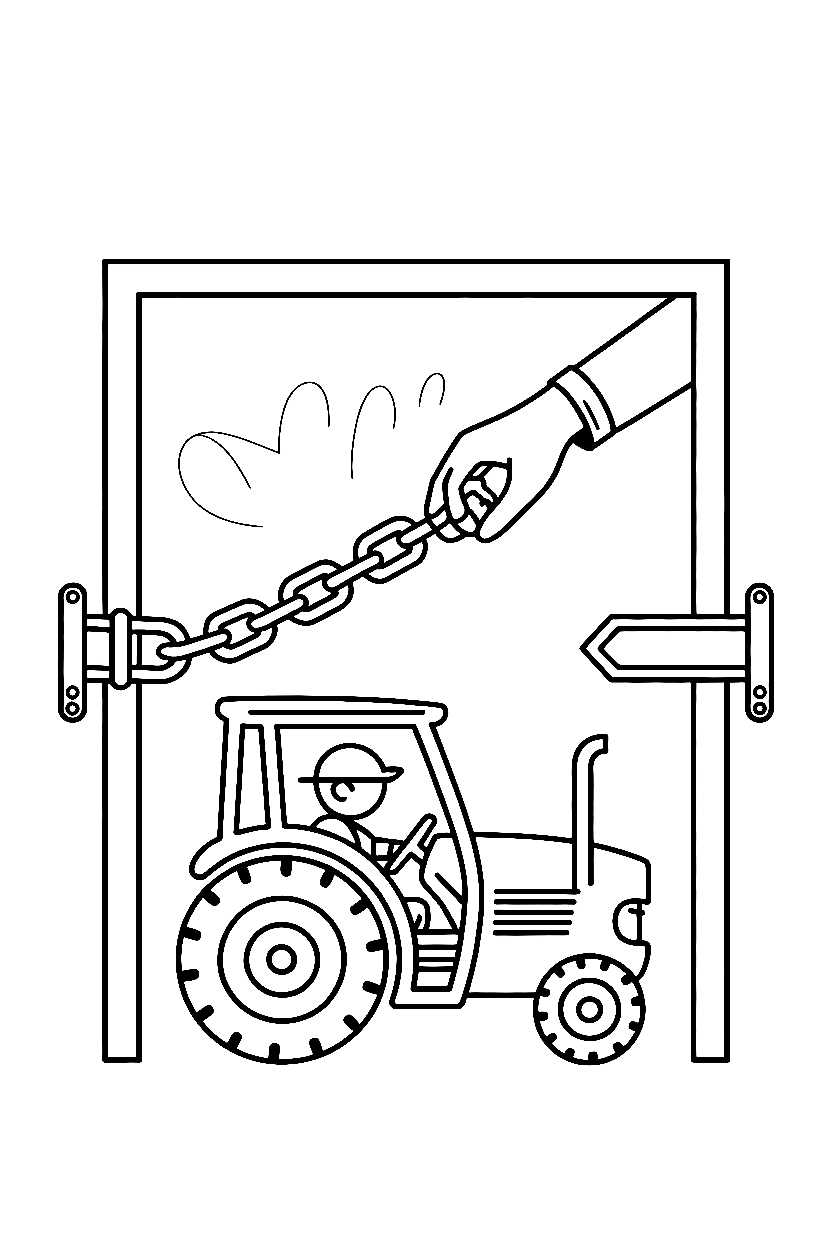 reaching across gate tractor drawing