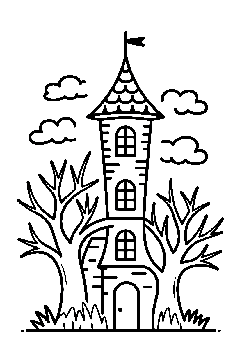 reaching upward haunted house oak trees drawing