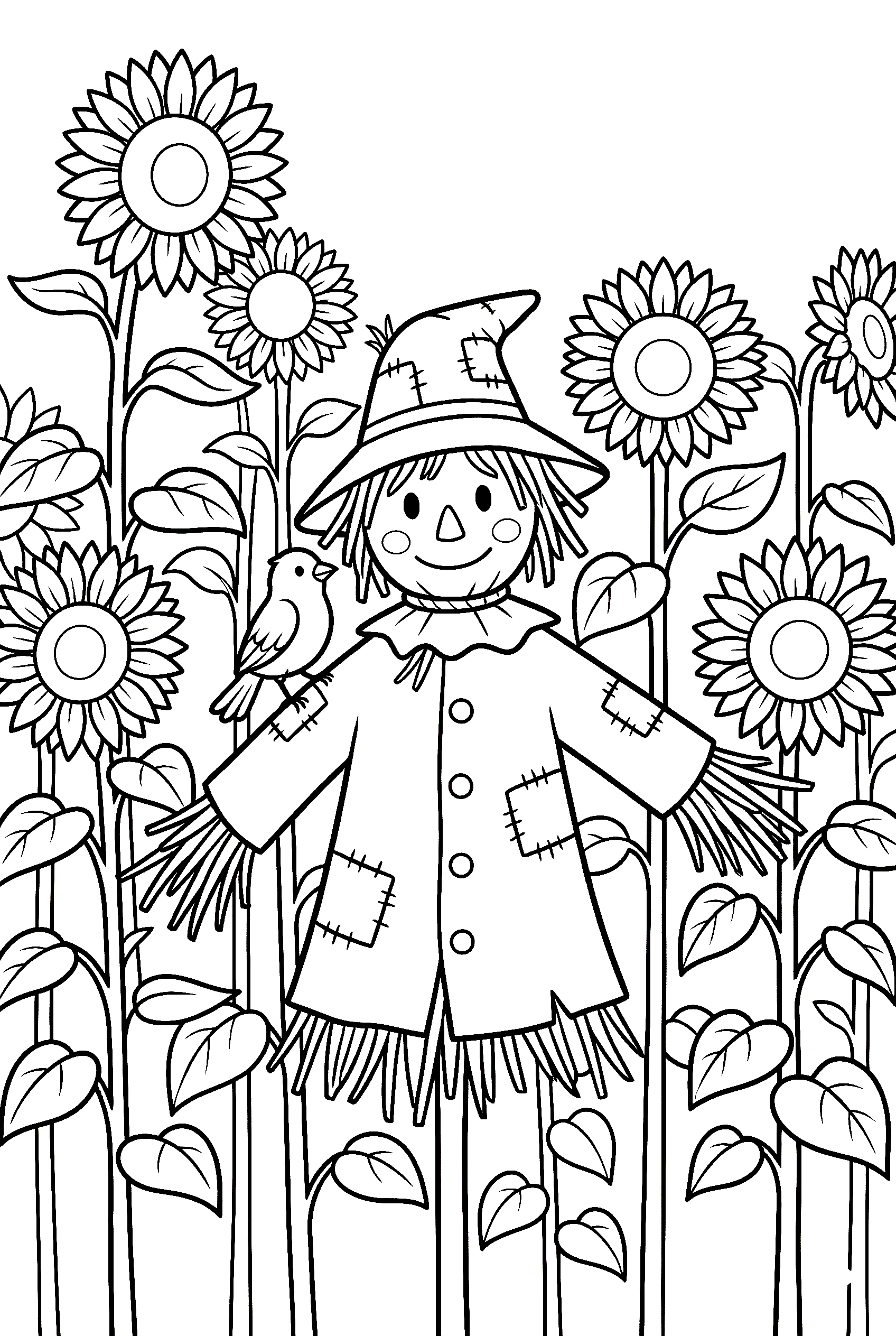 scarecrow bird shoulder sunflowers coloring pages