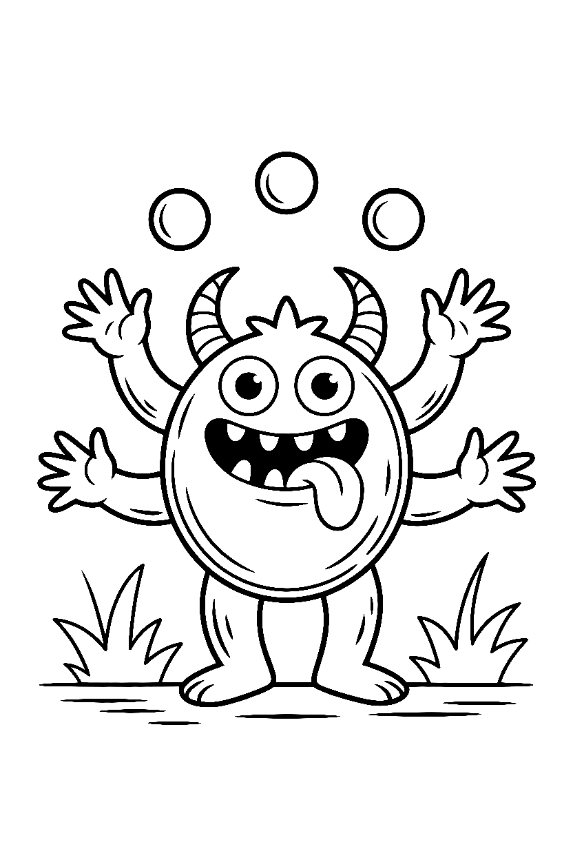 six armed monster juggling balls coloring pages