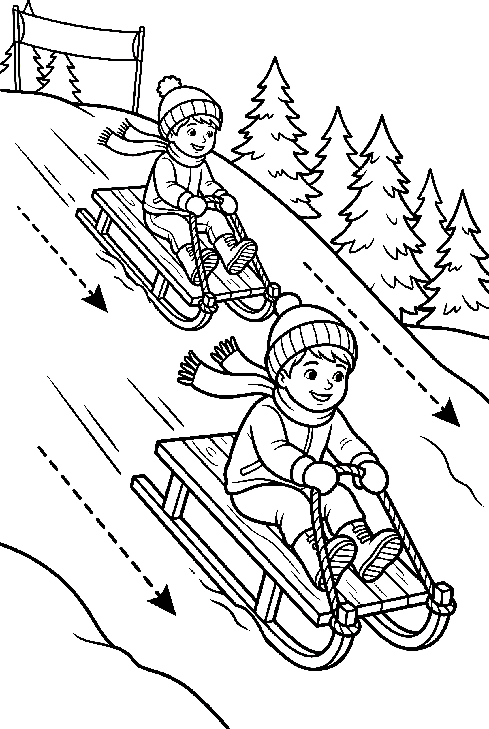 sledding hill action coloring pages