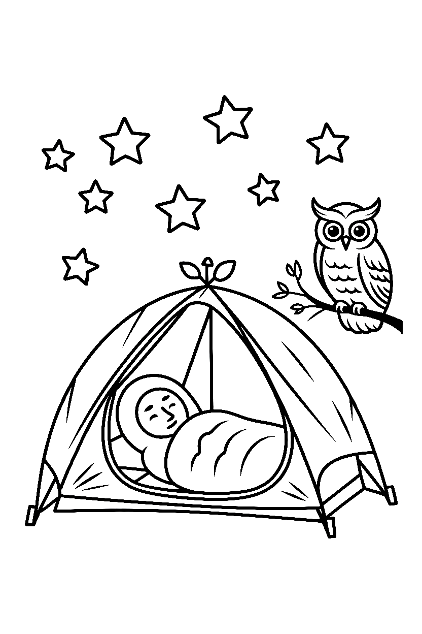 stars tent sleeping bag owl branch drawing