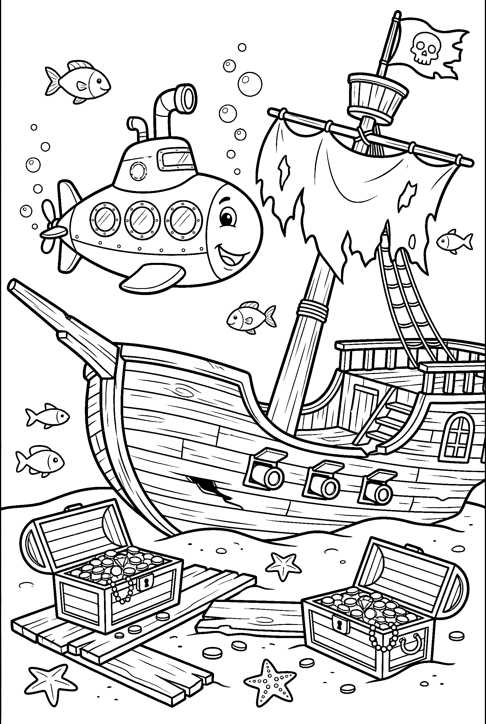 submarine near shipwreck coloring pages